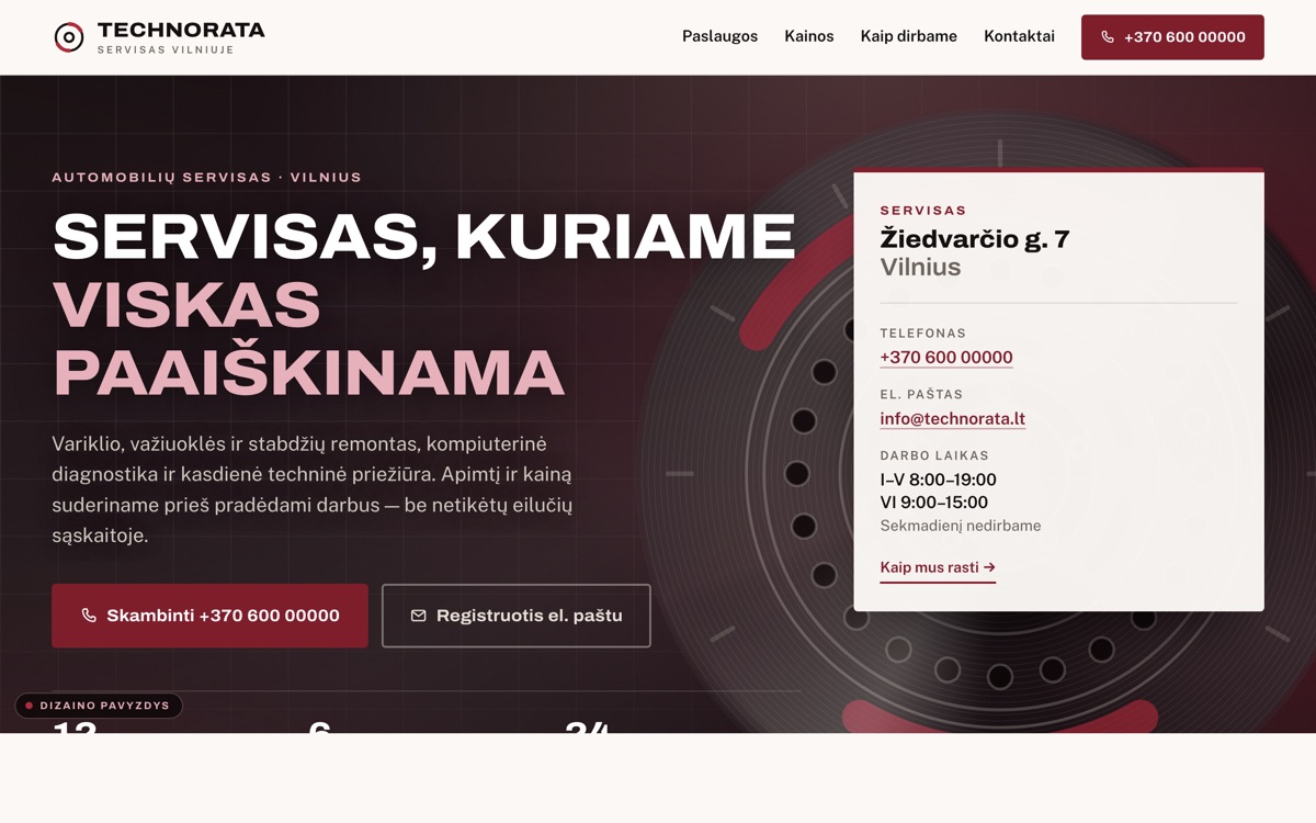 Automobilių serviso svetainės dizaino pavyzdys